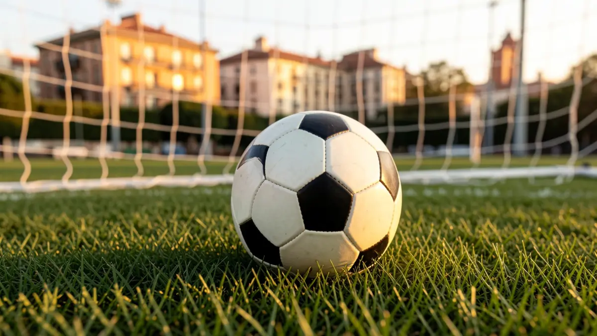 Generic image of a soccer ball on grass with a blurred goal net.