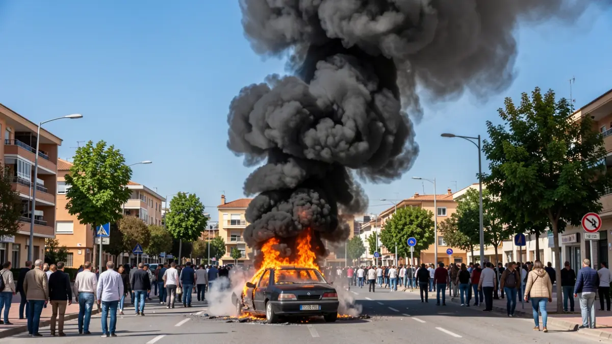 Image of a burning car in Majadahonda, generating a dense column of black smoke.