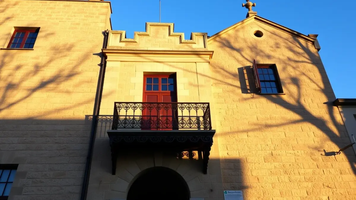 Fachada de la Casa de la Villa de Madrid, con balcón y barandillas de hierro forjado, bajo la luz del sol de la tarde.