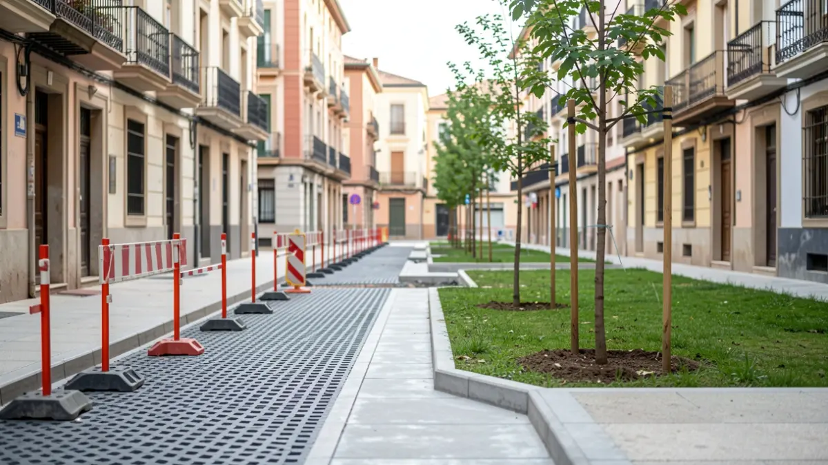 Imagen genérica de obras de remodelación urbana en Madrid con materiales de construcción y zonas verdes.