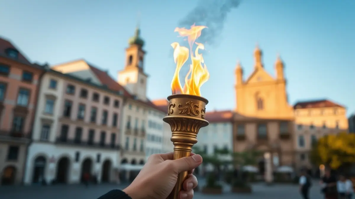 Imagen de una antorcha olímpica encendida en una plaza.