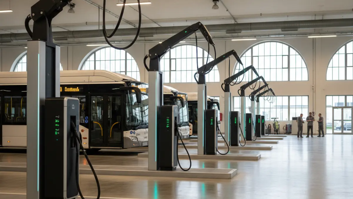 Generic image of an electric bus charging station in a depot.