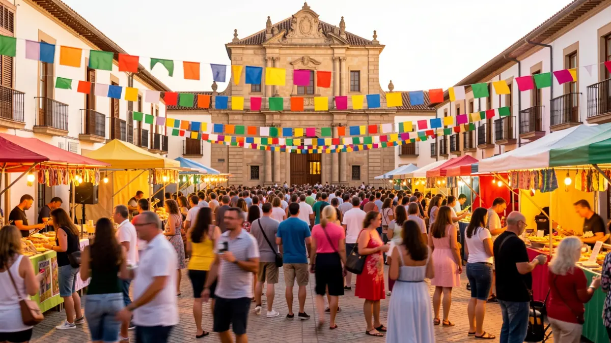 Generic image of a town square during a festival with people and food stalls.