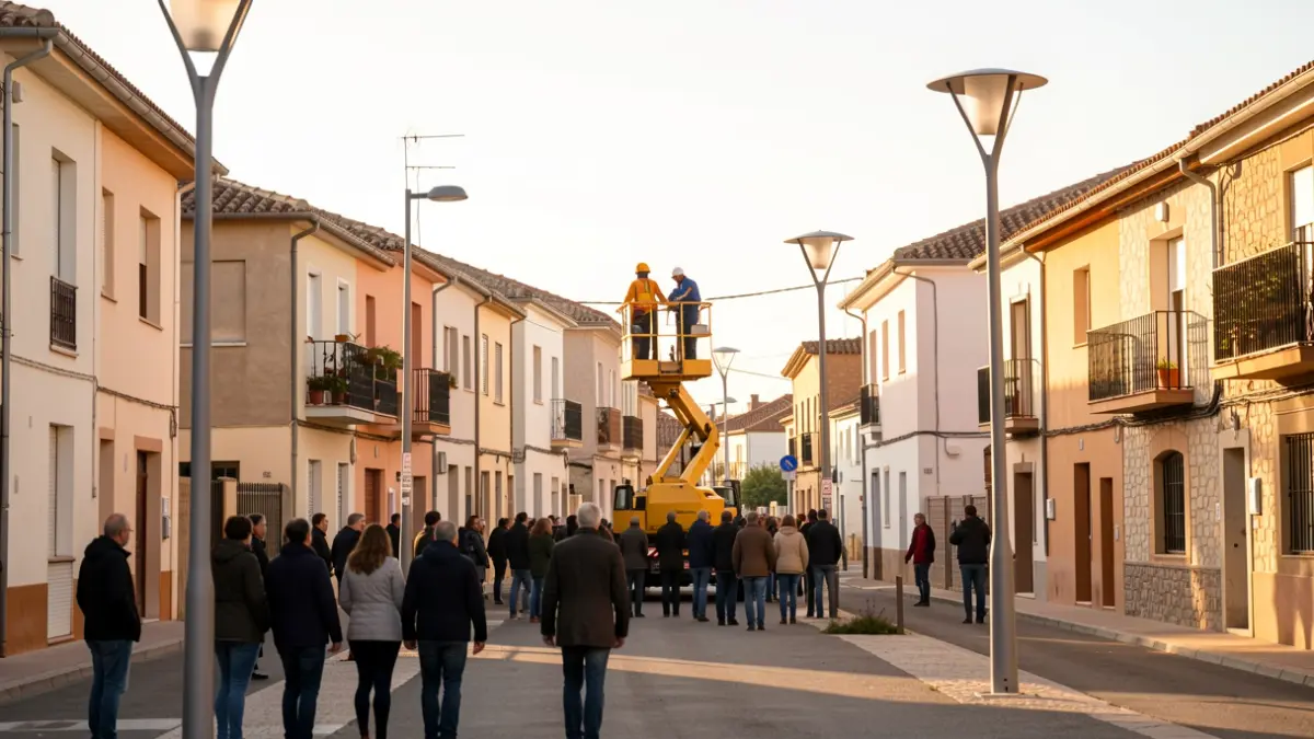 Imagen de trabajadores renovando el alumbrado público en Arroyomolinos.