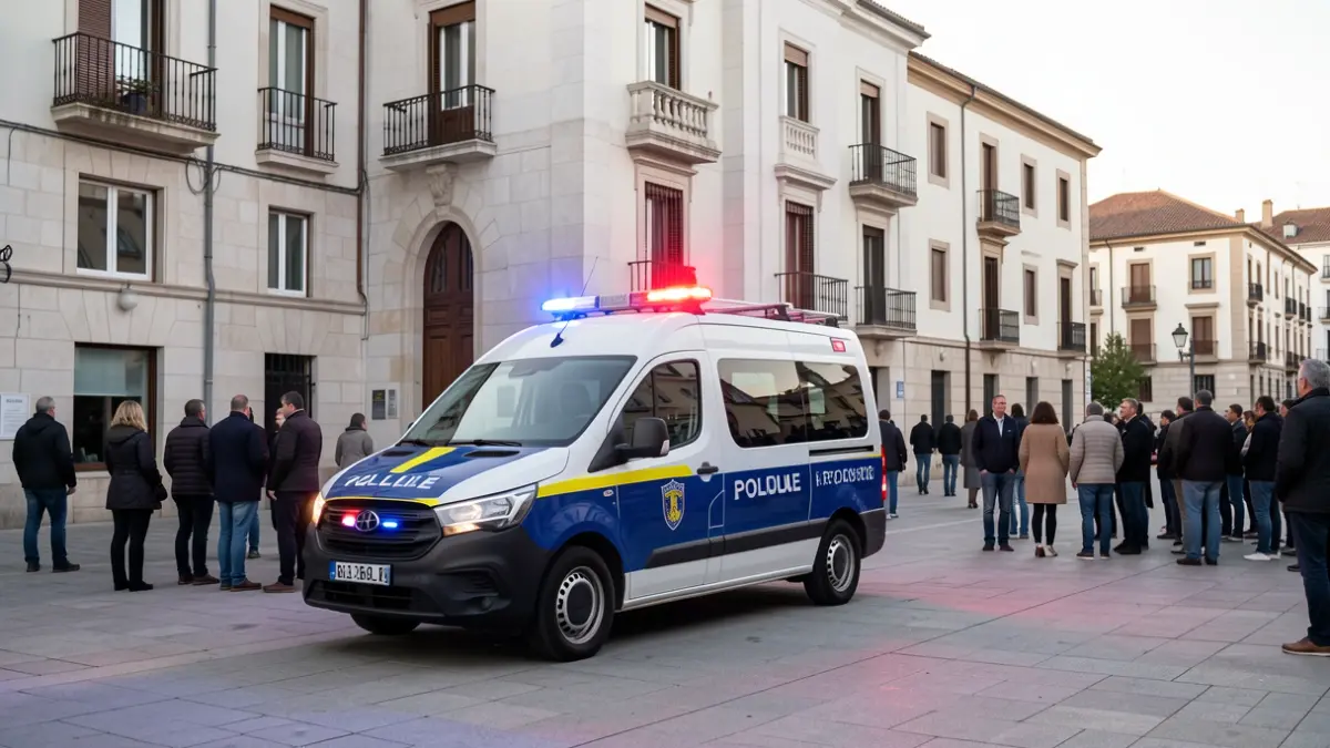 Furgón policial adaptado para unidad canina frente a un edificio municipal.