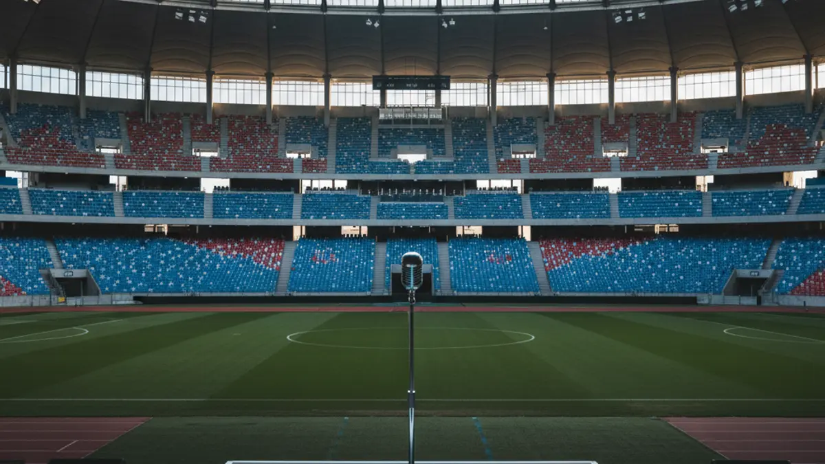 Image of an empty stadium with stage lights, prepared for a large musical event.
