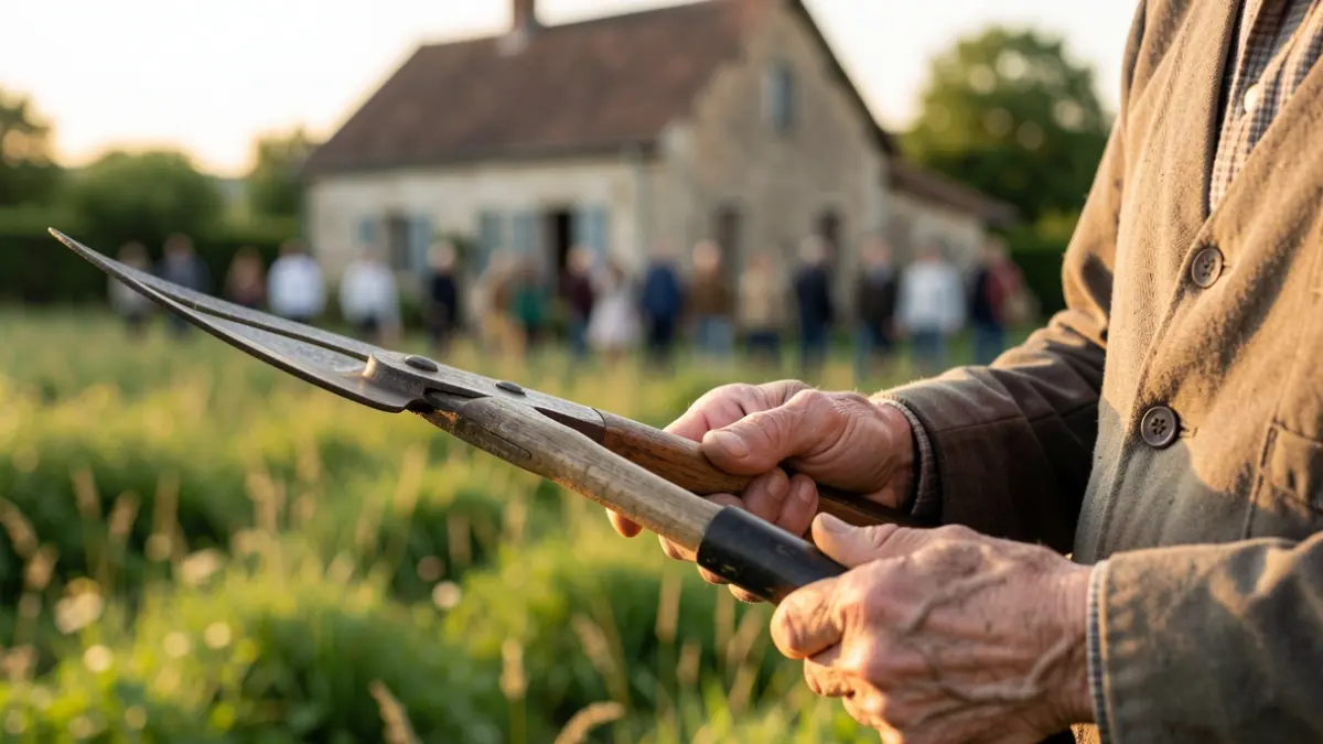 Elderly person's hands holding a gardening tool in a rural setting.