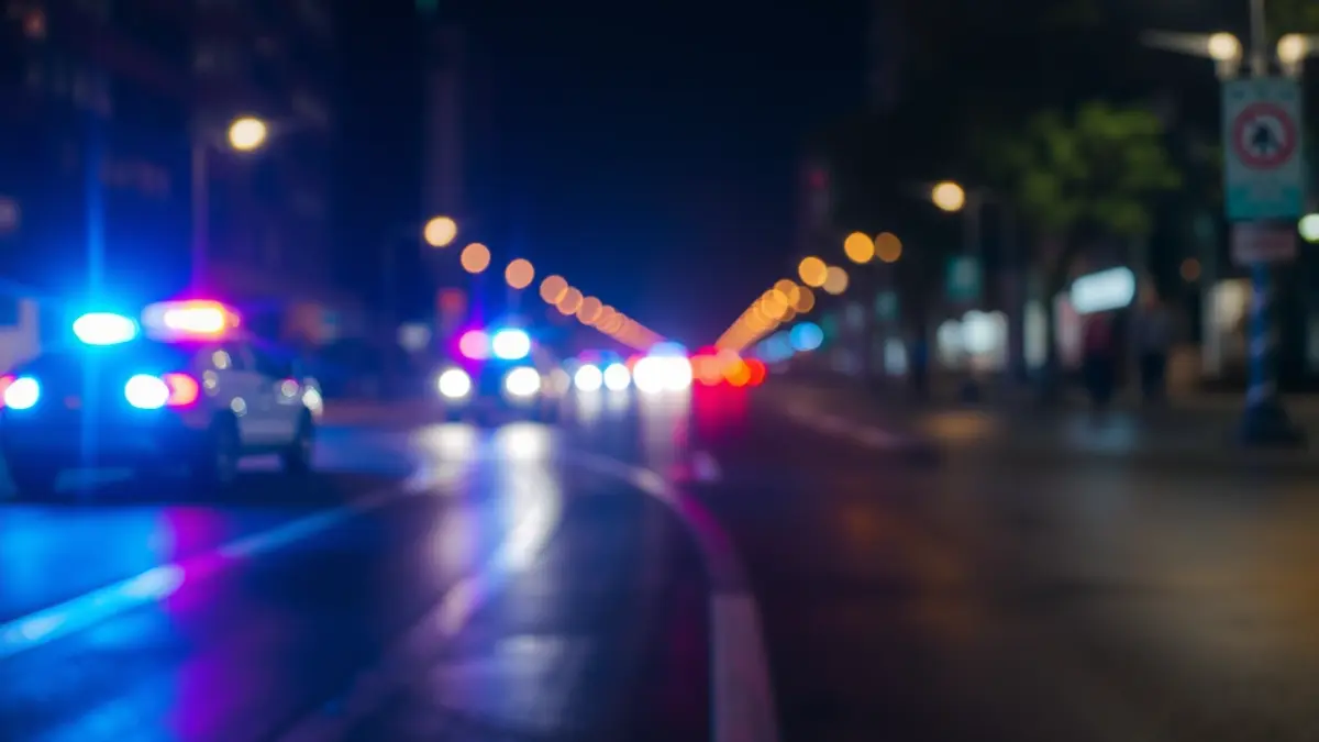 Generic image of emergency lights reflecting on wet city asphalt at night.