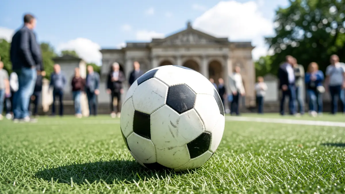 Imagen de un balón de fútbol sobre césped artificial con un cementerio al fondo.