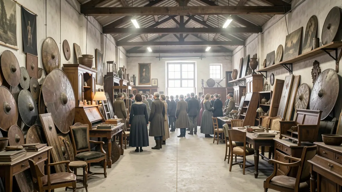 Interior of a film prop workshop with historical objects.
