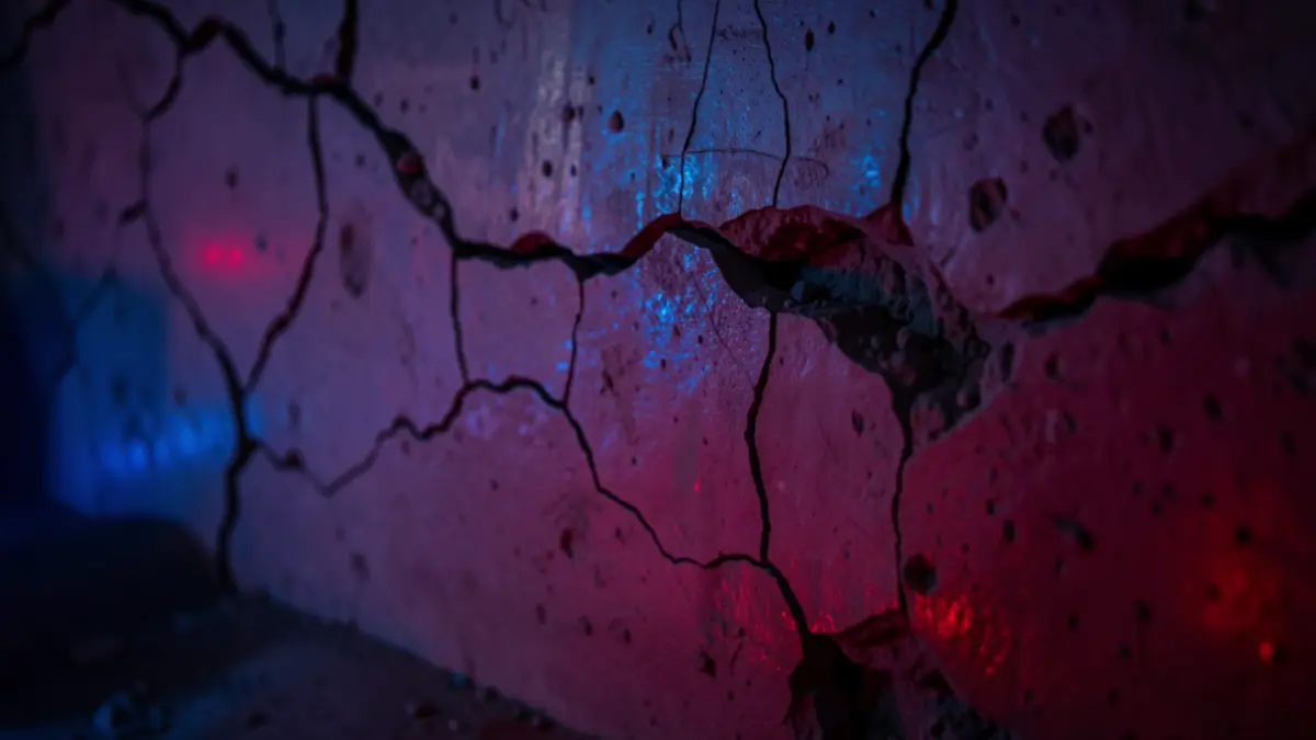 Imagen de una pared agrietada con daños estructurales, reflejando luces de emergencia.