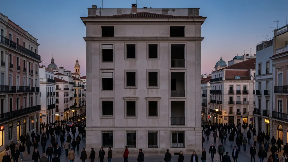 Edificio de apartamentos con varias ventanas oscuras y vacías en Madrid al atardecer.
