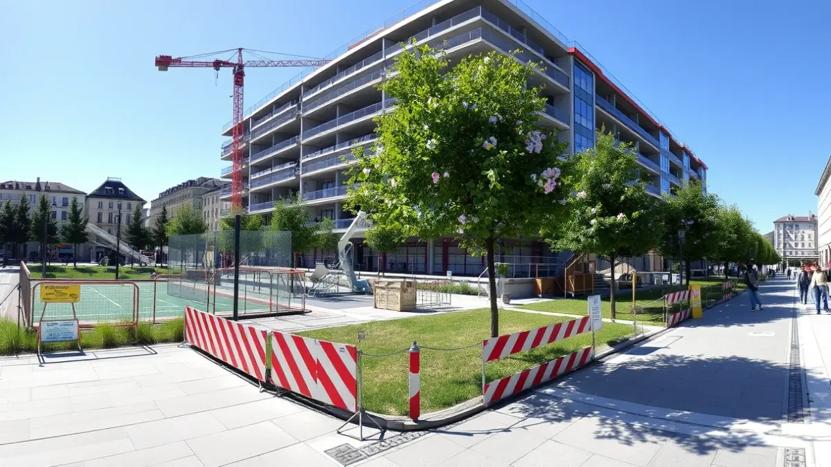 Imagen de un parque urbano en construcción con zonas deportivas e infantiles.