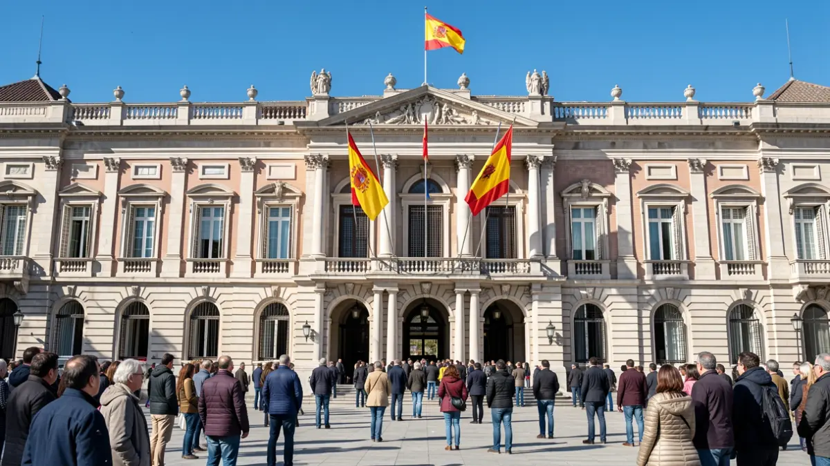 Facade of the Madrid regional government building with flags.