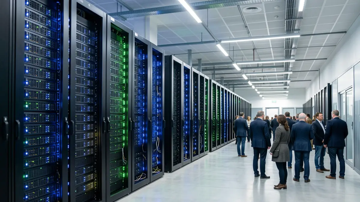 Generic image of a modern data center with rows of servers and LED lights.