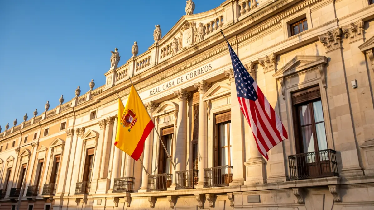 Fachada de la Real Casa de Correos en Madrid con las banderas de España y Estados Unidos.