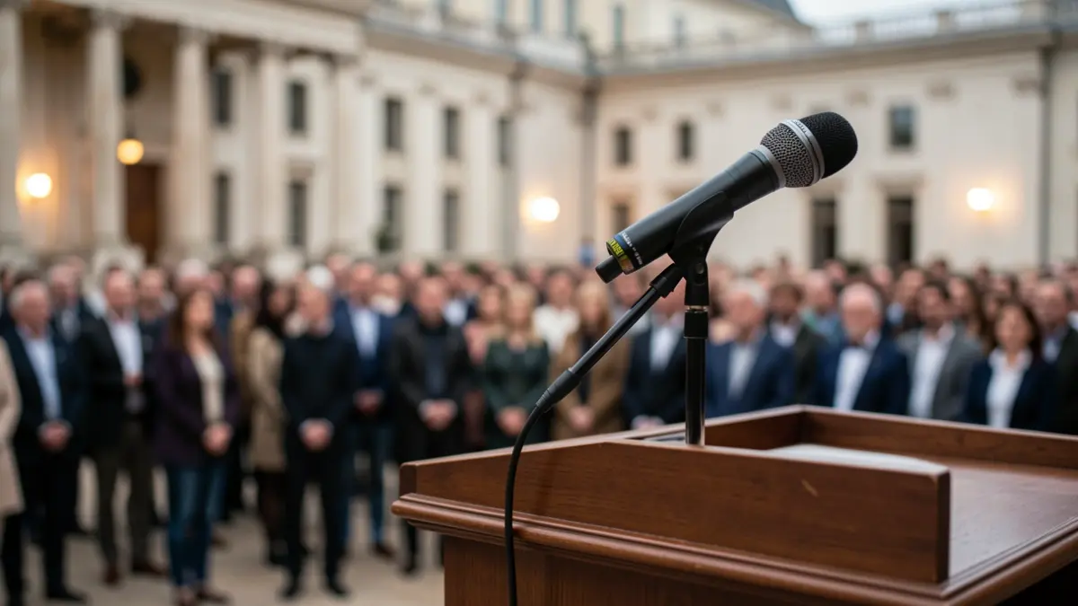 Generic image of a microphone in an empty press room.