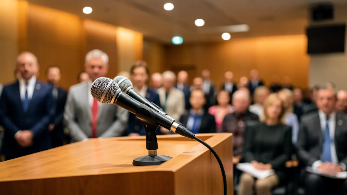 Generic image of a microphone in a press room.