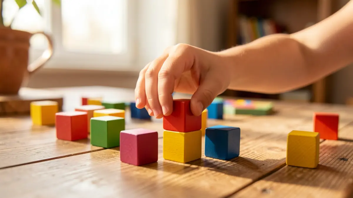 Imagen genérica de una mano infantil jugando con bloques de construcción.