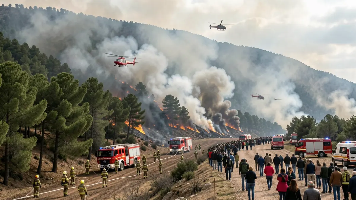 Madrid Community firefighters simulating a forest fire in San Martín de Valdeiglesias.