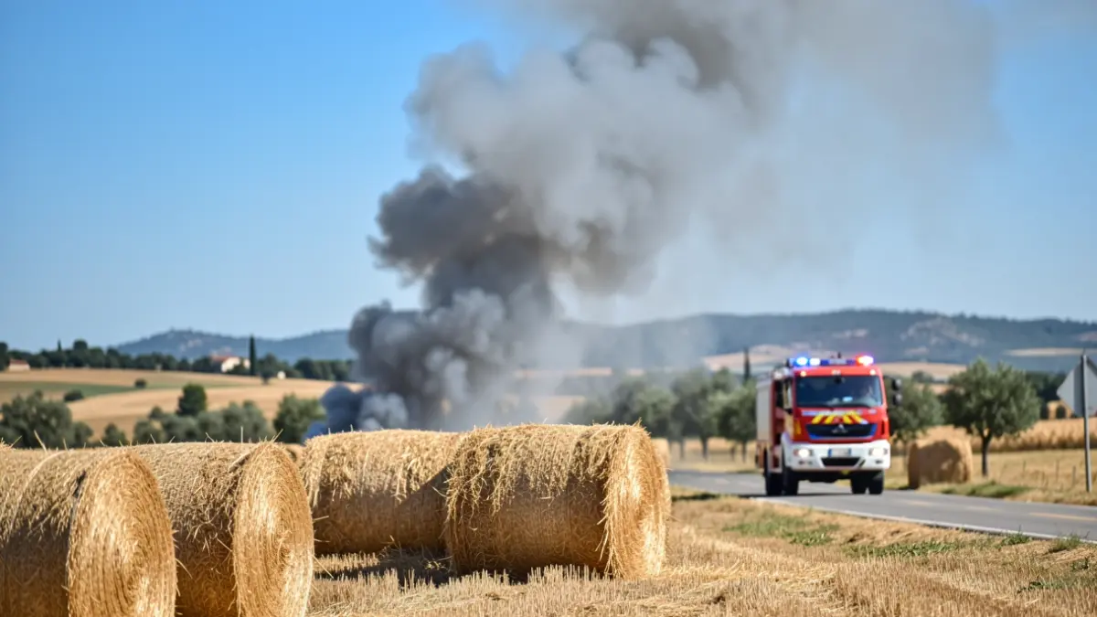 Generic image of smoke from a hay bale fire next to a road with a fire truck.