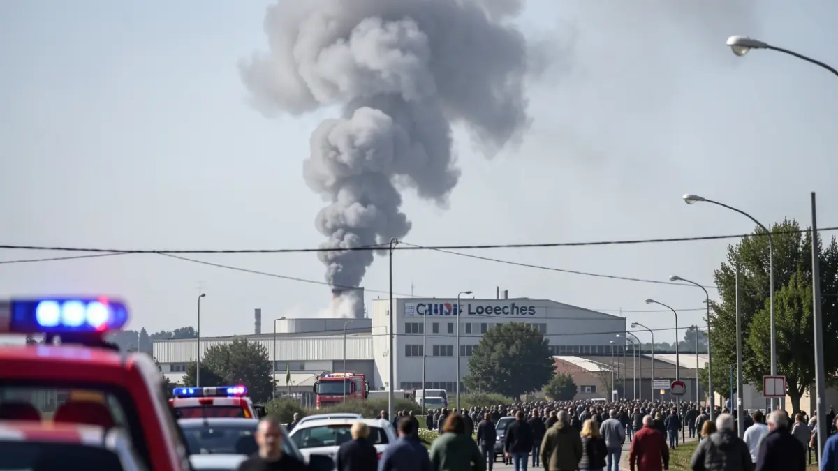 Imagen de una columna de humo saliendo de una nave industrial en Loeches con luces de emergencia.