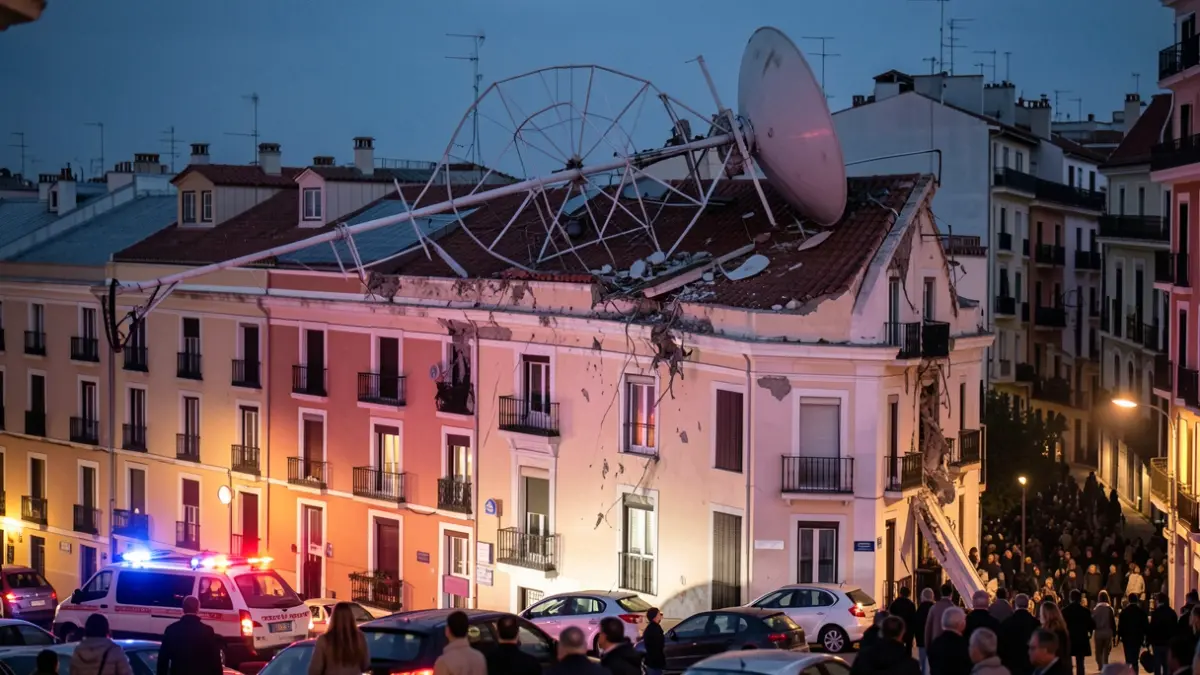 Image of a fallen telecommunications antenna on a building in Madrid.