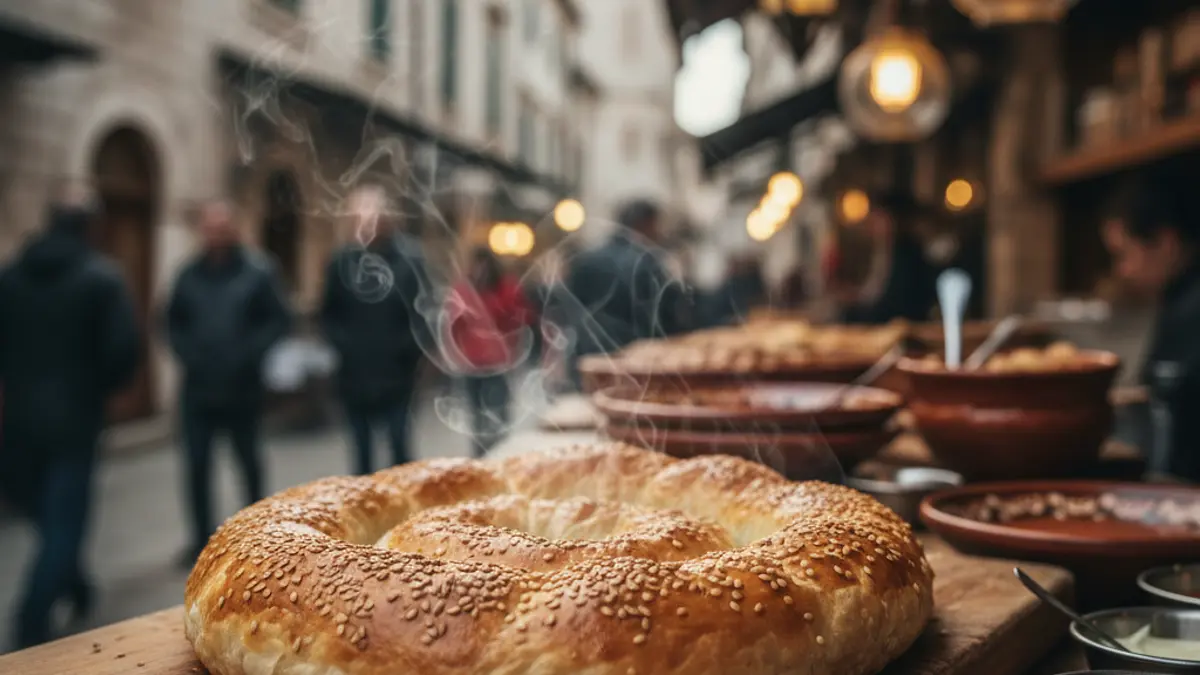 Image of a freshly baked burek, golden and flaky, on a rustic wooden board.