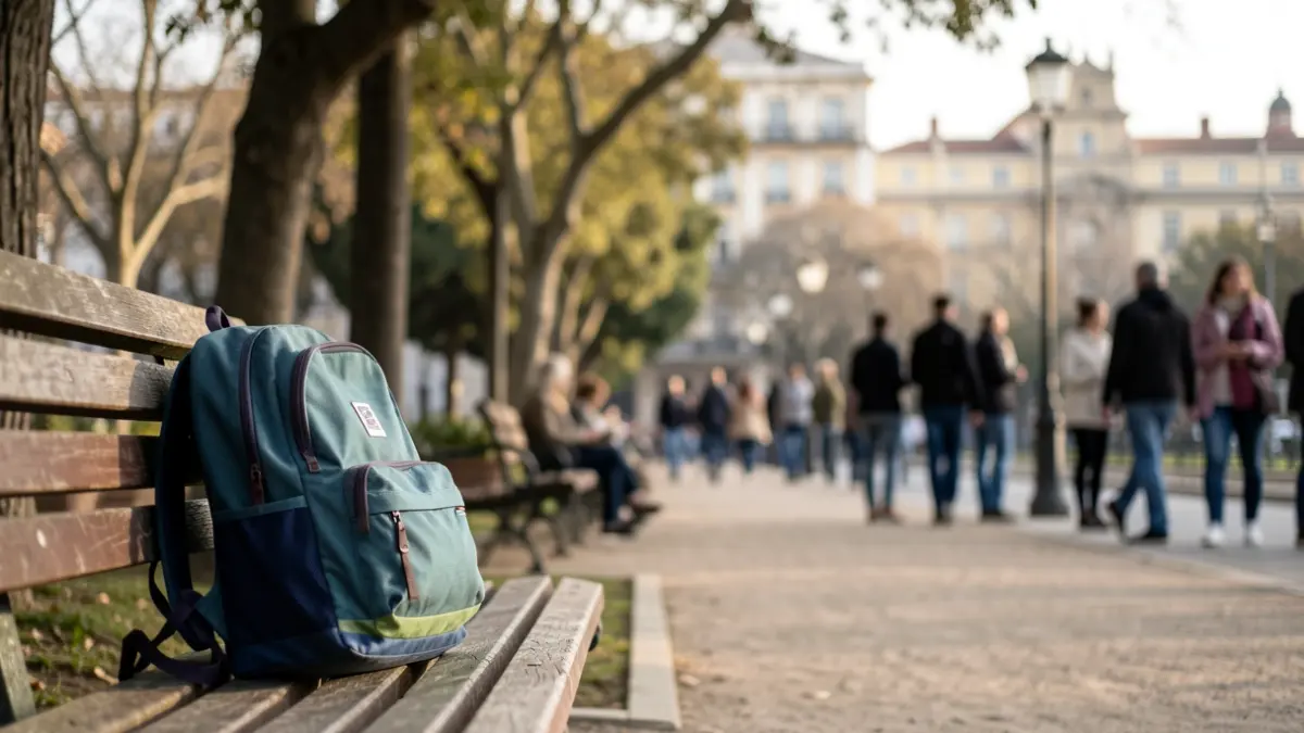 Child's backpack left on a park bench in Aranjuez.
