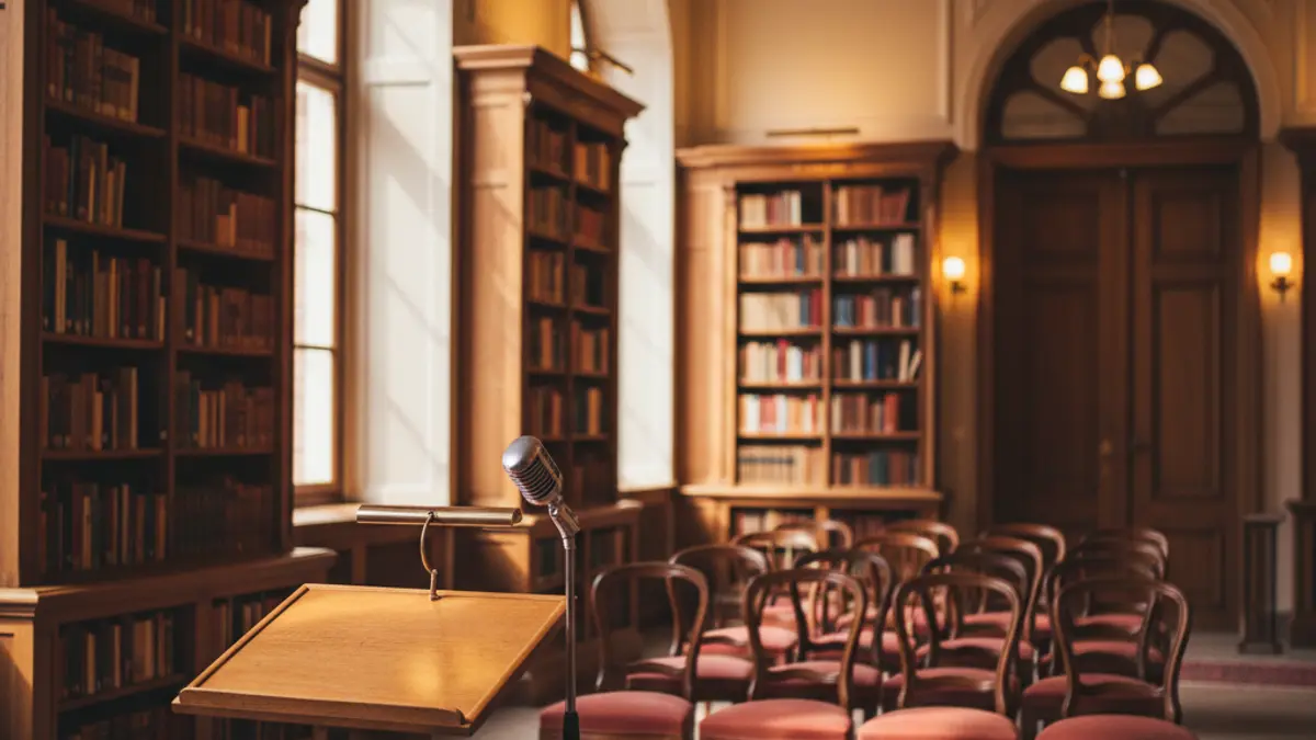 Generic image of a library with a podium and chairs, warmly lit.