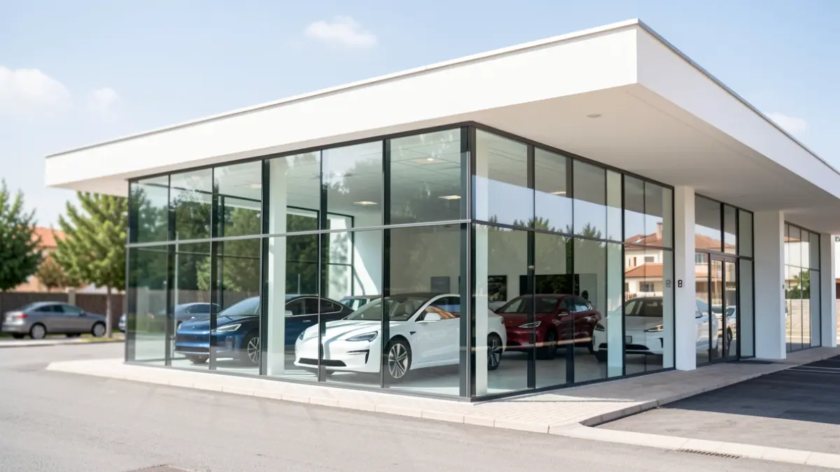 Generic image of a modern electric car dealership in the outskirts of Madrid.