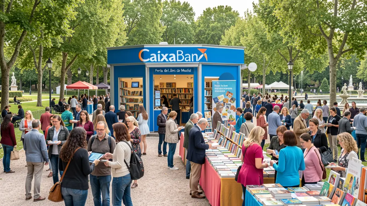 CaixaBank pavilion at the Madrid Book Fair with diverse attendees.