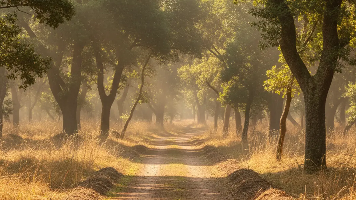 Generic image of a forest area with dry vegetation and trees, illuminated by the sun, representing fire prevention.