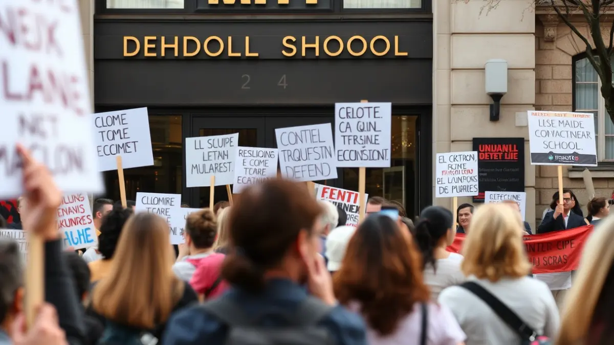 Generic image of a protest in front of a school building in Madrid.
