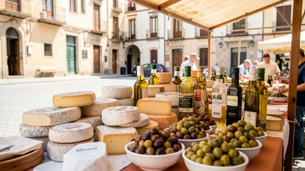 Puesto de mercado con quesos, aceites y aceitunas en Campo Real.