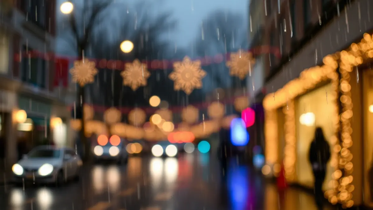 Imagen genérica de lluvia en una calle, con luces festivas borrosas al fondo.