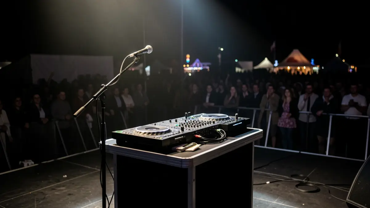 Empty DJ booth with a microphone and turntables, illuminated by a spotlight on a dark stage.