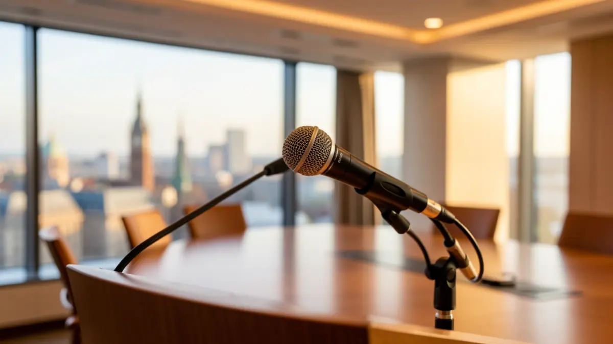 Generic image of a microphone on a podium with the Madrid skyline in the background.