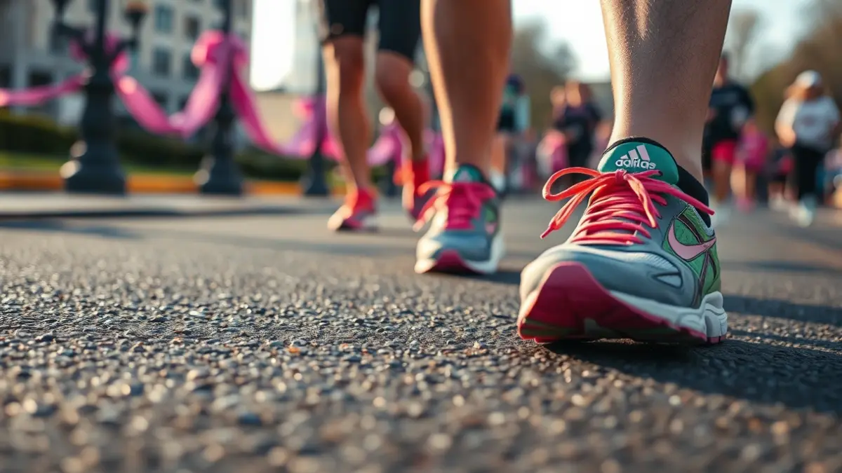 Imagen de unas zapatillas de correr en el asfalto con cintas rosas borrosas al fondo, representando una carrera urbana.