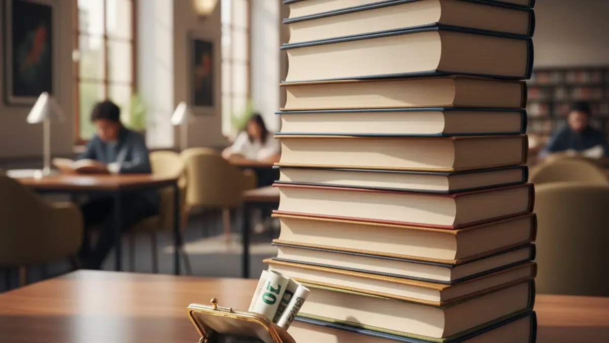 Imagen genérica de libros universitarios en un escritorio, simbolizando el apoyo a la educación.
