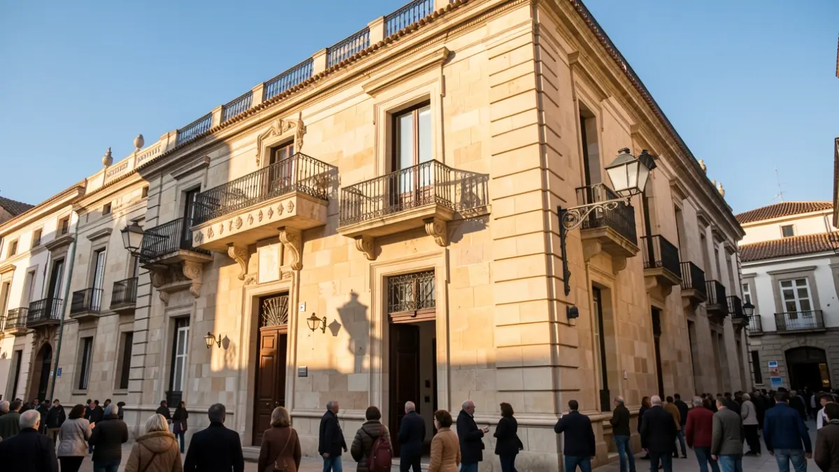 Fachada de un ayuntamiento de la Comunidad de Madrid con balcón y barandillas de hierro, luz de sol de la tarde.