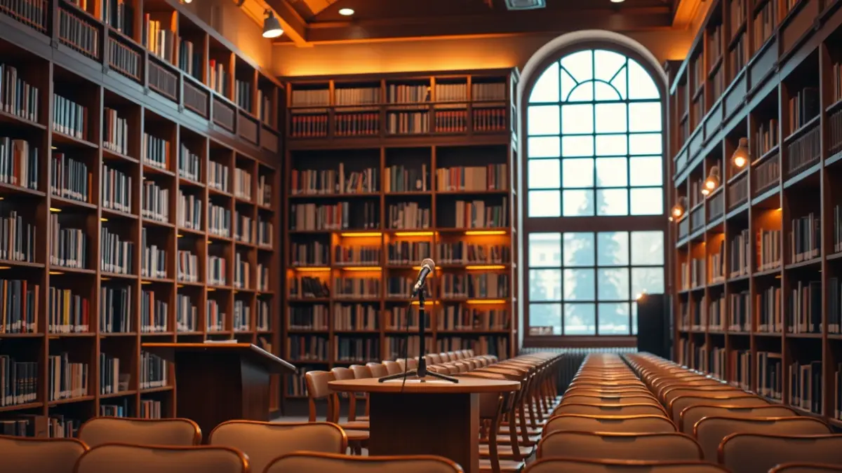 Generic image of a library interior with wooden bookshelves and a podium with a microphone.