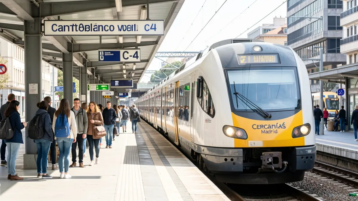 Cercanías Madrid C-4 line train arriving at Cantoblanco station.