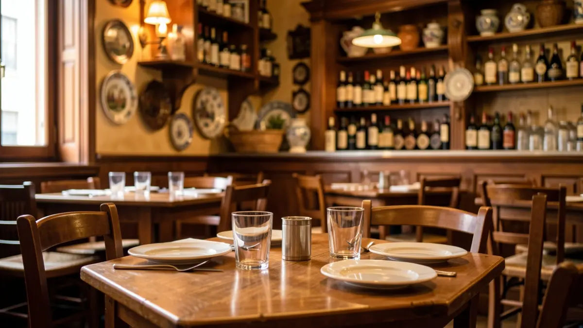 Interior de una taberna madrileña tradicional con mesas de madera y decoración castiza.
