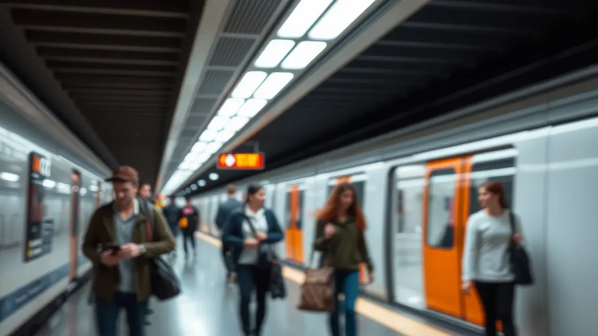 Imagen genérica de una estación de metro moderna con pasajeros borrosos.