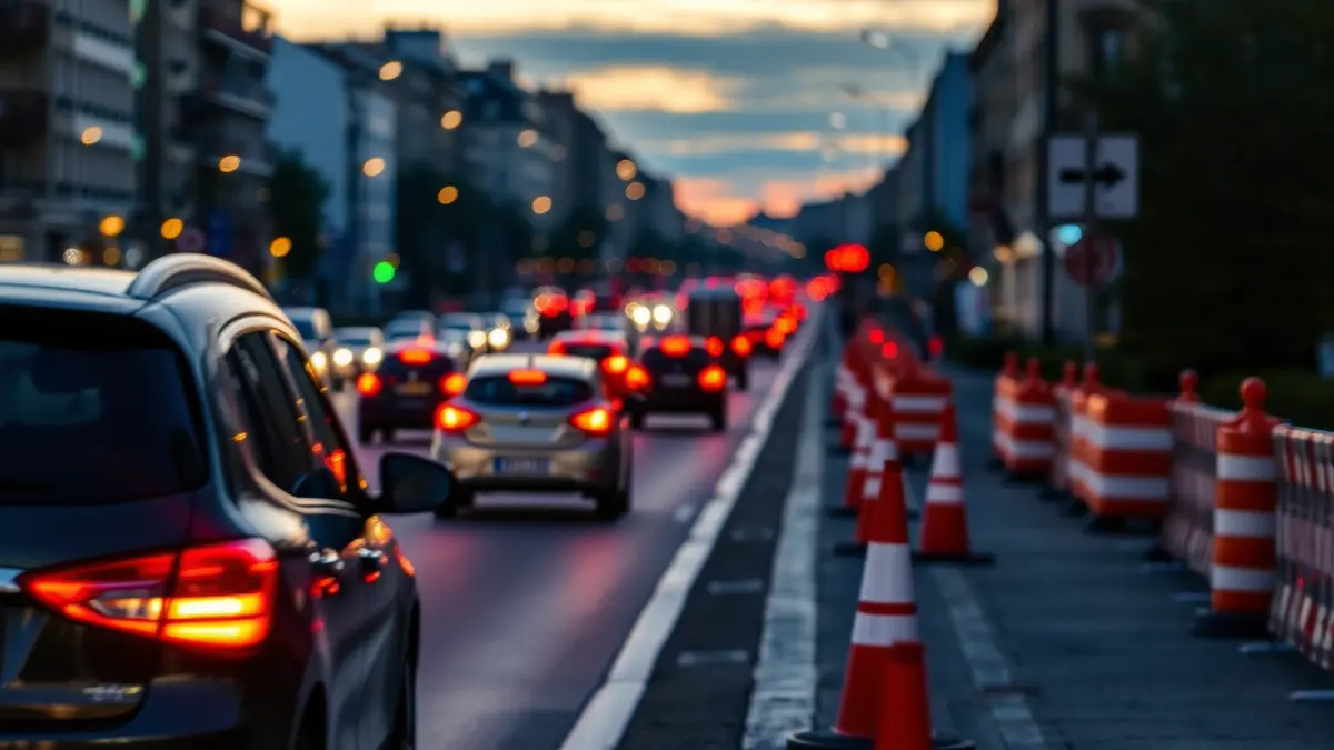 Image of urban road traffic with construction, blurred vehicle lights at dusk.