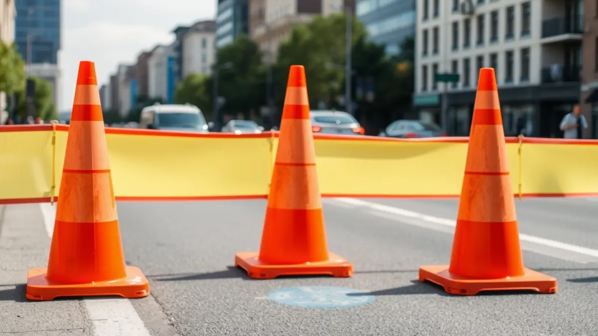 Imagen genérica de barreras de obra y conos de tráfico en una calle de la ciudad.