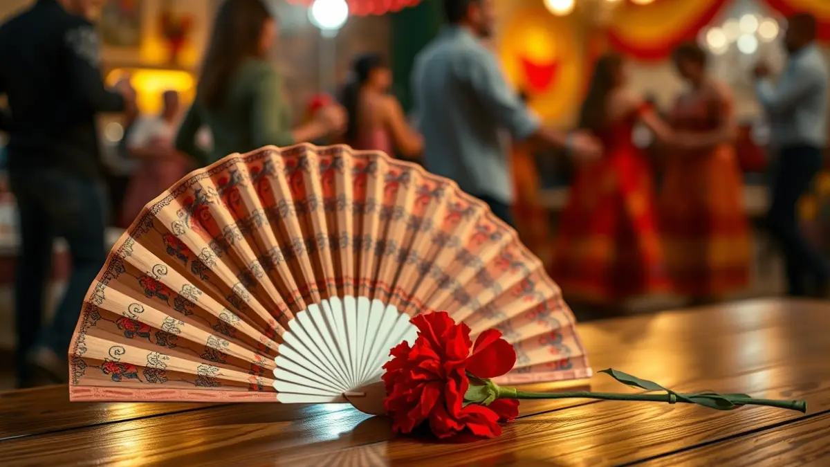 Image of a fan and a carnation, traditional elements of the chotis dance.