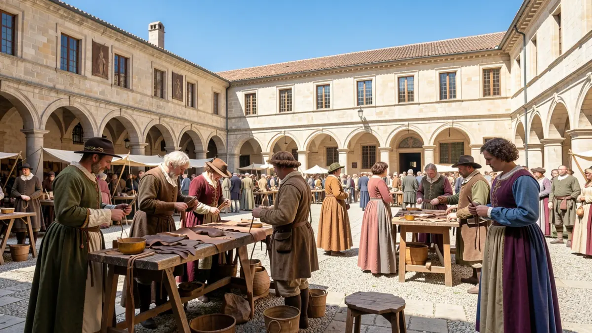 Recreation of Renaissance crafts in the courtyard of a Spanish ducal palace.