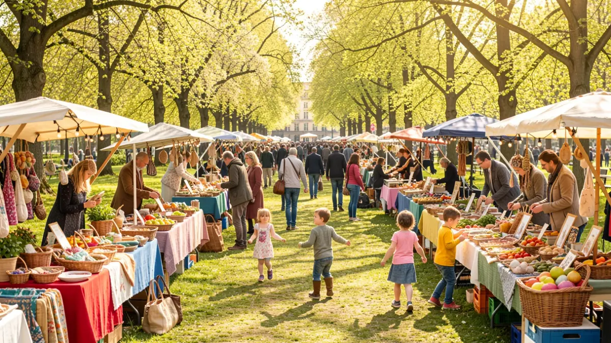 Generic image of a spring market with craft stalls and families enjoying themselves.